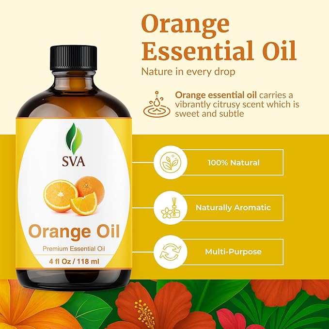 SVA Orange Essential Oil 4 Fl Oz – for Diffuser, Skin & Hair Care – Ideal for Massage & DIY Blends - with Dropper