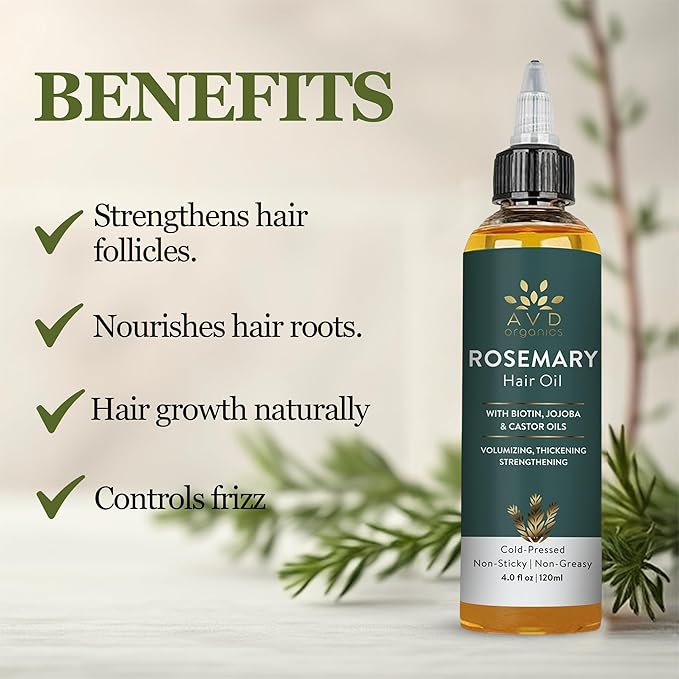 AVD ORGANICS Rosemary Oil for Hair Growth & scalp | Infused with Biotin | Hair Strengthening, Nourishing and Volumizing | infused with Jojoba & Castor Oil | NON - GMO 120ml