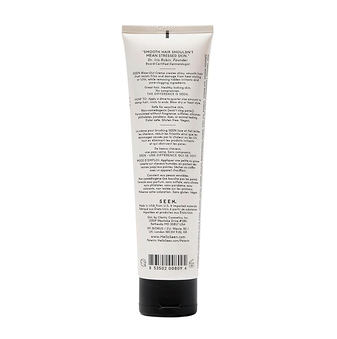 SEEN Blow-Out Creme, Fragrance Free - Non-Comedogenic Blow-Out Hair Cream - Dermatologist-Developed - Reduces Frizz- Heat Protectant- Safe for Sensitive, Eczema & Acne Prone Skin