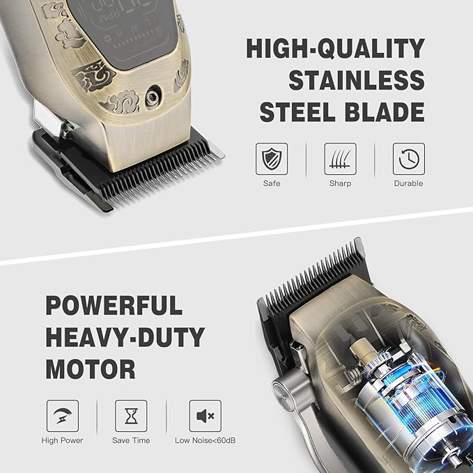 QREEYX Professional Hair Clipper for Men - Cordless Clippers and Trimmers Set, Heavy-Duty Motor Hair Cutting Kits with LED Display, 7000RPM High-Power Motor, USB Charging, Gifts for Men, Bronze