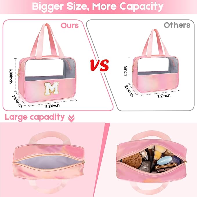 Junesters Initial Clear Makeup Bag Personalized Pink Clear Cosmetic Bag, Cute Large Make Up Bags Organizer Bag, Travel Toiletry Bag for Women Girl Gifts B (Pink)
