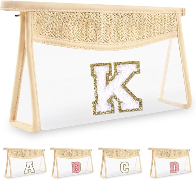 UIXIZQ Personalized Initial Letter Bag Boho Straw Clear Makeup Bag,Small Cute Chenille Varsity Letter Pouch With Zipper,Beach Travel Toiletry,Portable Monogrammed Cosmetic Bag for Women Girls,K