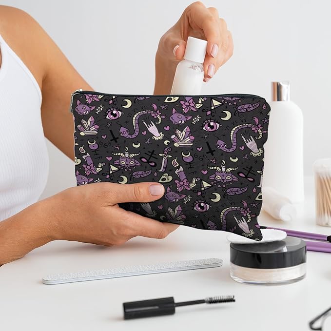 RYYCDOI Purple and Black Halloween Makeup Bag, Witchy Gothic Makeup Bag, Snake Pattern, Waterproof Linen, Unisex-Adult