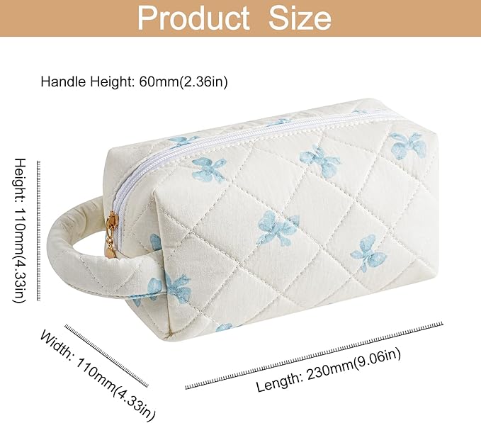 HHQQWZ Makeup Bag Travel Cosmetic Bag for Women, Zipper Make Up Pouch, Floral Flowers Toiletry Organizer Makeup with Handle, Cosmetic Travel Cloth Bag (Blue Bow Tie)