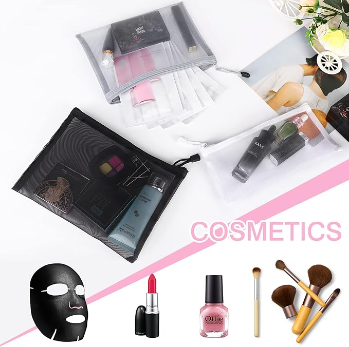 Sinzip 12 Pieces Zipper Nylon Mesh Pouch, Mesh Cosmetic Bags Makeup Bags Pencil Case, Multipurpose Travel Bags for Cosmetic School Office Supplies and Travel Accessories (Black,White,Grey, A5+B6)