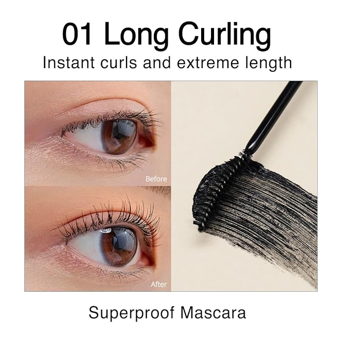 CLIO Kill Lash Superproof Mascara, Waterproof Fiber Lengthening for Straight Lashes, Smudge & Flake-Proof, Clump-Free Lash Extension for Lifted Curl, Safe for Sensitive Eyes (001 Long Curling)