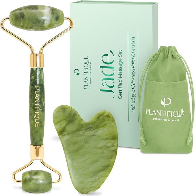 PLANTIFIQUE Jade Roller & Gua Sha Facial Tool Set, Certified Face Massager