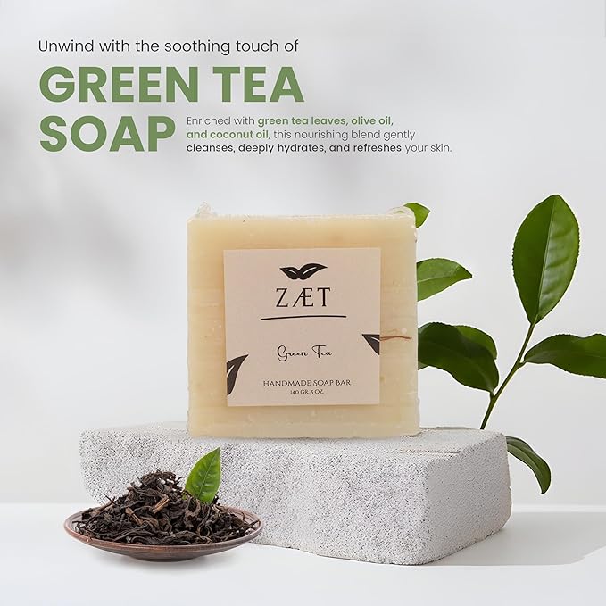 ZÆT Green Tea Soap Bar, 2 Pack Natural Handmade Bar Soap with Olive, Almond & Coconut Oil, Moisturizing & Exfoliating Soap Bar, Gentle Non Toxic Bath Soap for All Skin Types, 140g Each