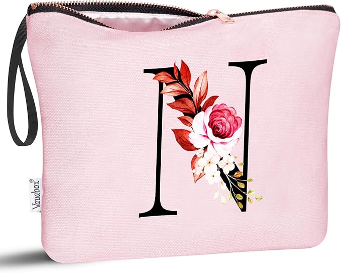 Vavabox A-Z Personalized Makeup Bag, Birthday Gifts for Women Mom, Gifts for Best Friend, Bride Bridesmaid Cosmetic bag (N, 06-Pink)
