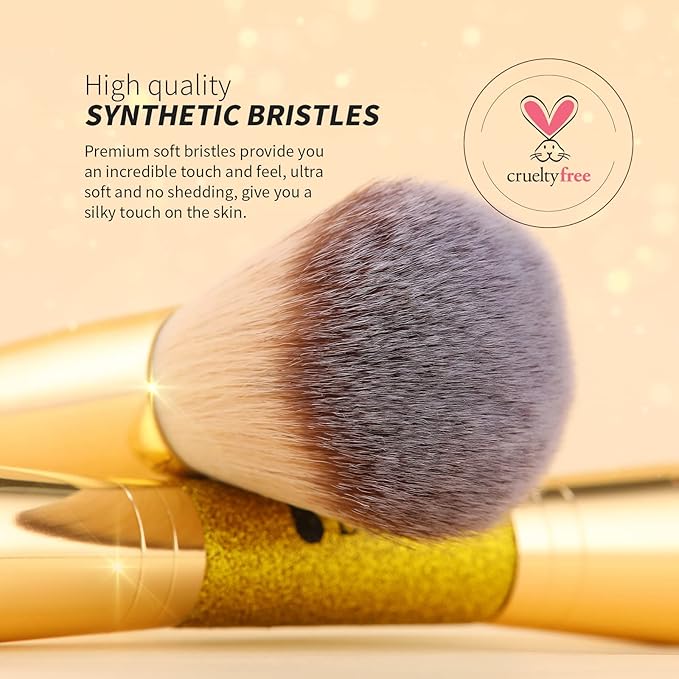 DUcare Dual End Powder Kabuki Makeup Brush Gold Glitter Vegan Synthetic for Liquid Cream Setting Powder