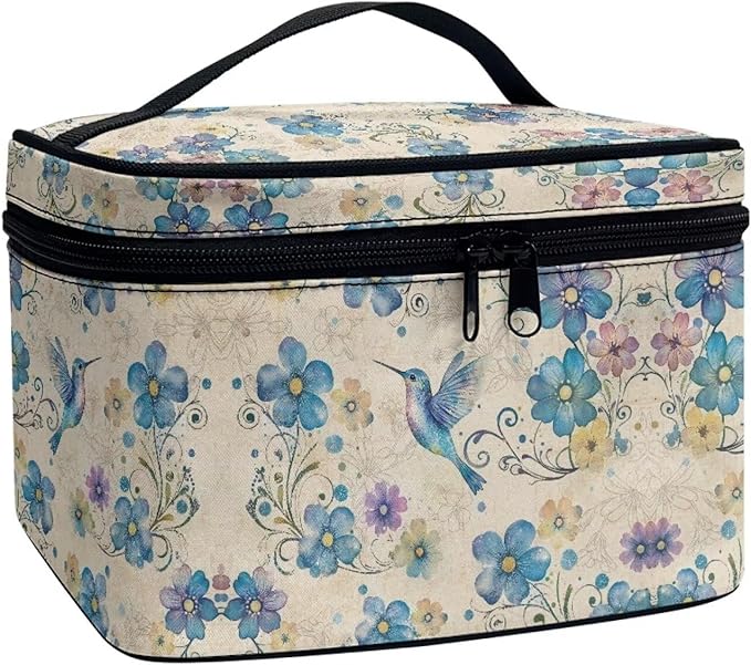 Drydeepin Blue Hummingbird Floral Pattern Travel Makeup Bags for Women Portable Tote Cosmetic Case with Carry Handle Toiletry Accessories Storage Organizer Bags