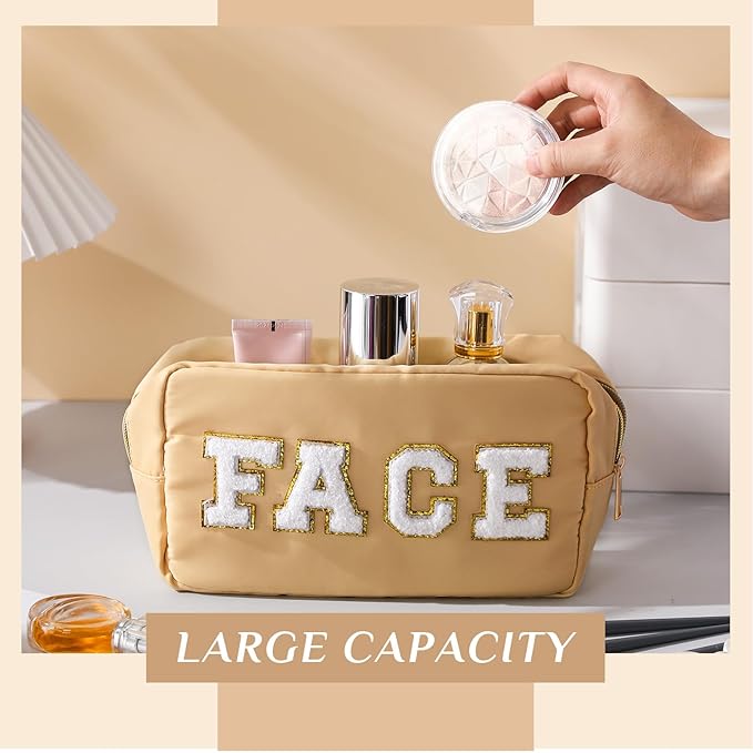 Remerry 4 Pcs Nylon Makeup Bags Waterproof Spacious Travel Cosmetic Bag for Women Chenille Letter Preppy Zipper Pouch Face Stuff Skin Hair Organizer Gift(Light Brown, Beige, Light Pink, White)
