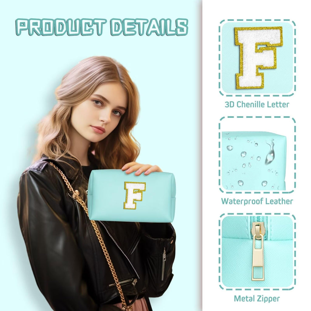 TOPEAST Preppy Patch Makeup Bag, Chenille Letter Pouch Cosmetic Bag, PU Leather Waterproof Toiletry Bag, Personalized Birthday Gift for Women Girl, Cute Stuff for Girls (Blue B)