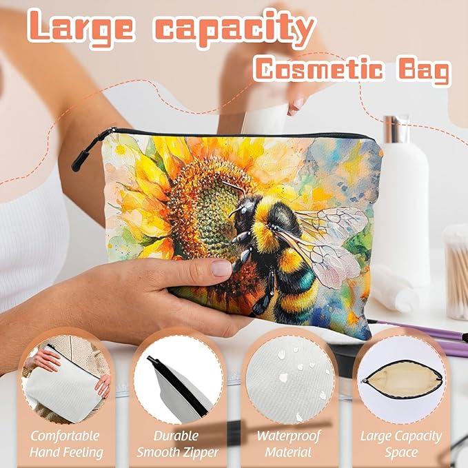 Scribesense Cosmetic Bags Travel Makeup Toilet Case Waterproof Pouch for Women Girls 6.7X9.45inches - Bee on A Sunflower in Watercolor Painting