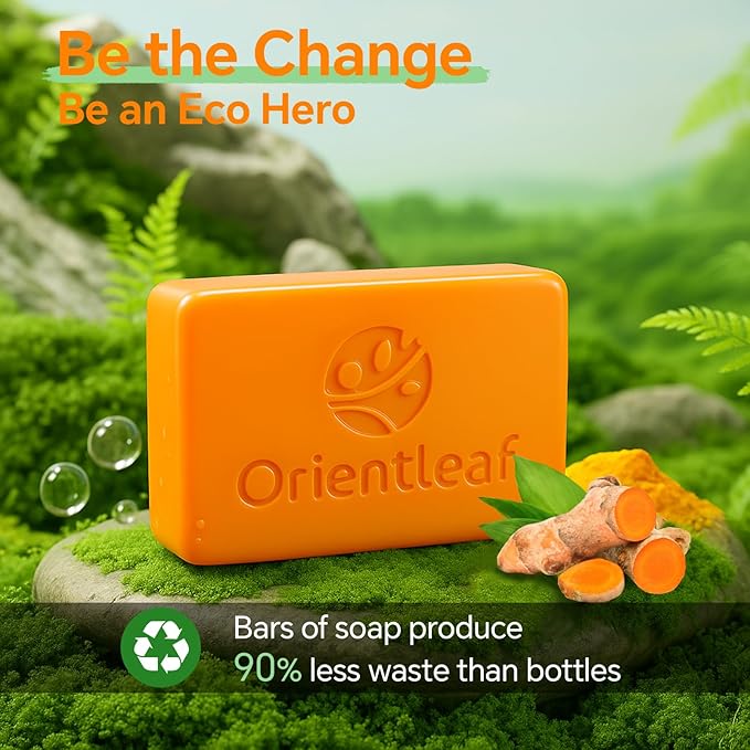 ORIENTLEAF Kojic Acid Soap with African Sponge Net, 4oz Turmeric Soap Bar, Fresh Citrus Scent, Gentle for Face and Body Wash with Vitamin C, Retinol (2 Pack)