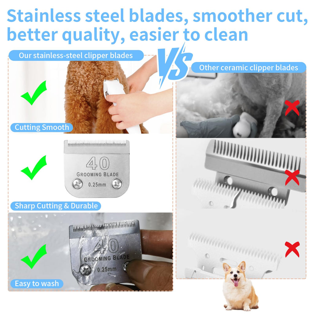 MEMIRY 3 Pcs Size 40# Detachable Dog Grooming Blades, Compatible with Andis, Oster A5, Wahl KM10 Series Clippers, Cut Length 0.25mm, Silver (40# 0.25mm, 3 Packs)
