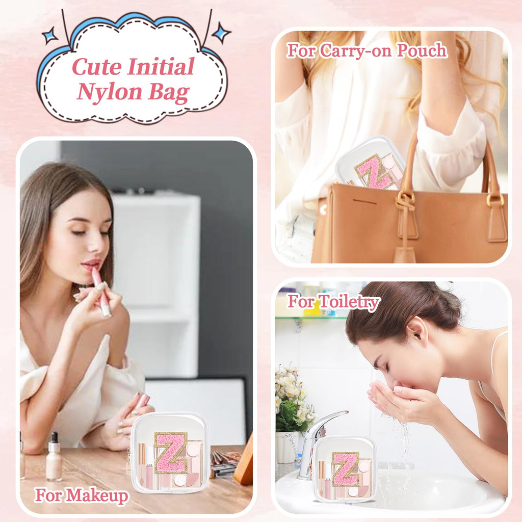 Iqimott Mini Clear Personalized Initial Makeup Bag, Small Preppy A-Z Chenille Letter Patch Cosmetic Pouch, Transparent PVC & Nylon Waterproof Zip Beach Toiletry Bag,Gift for Women Girls(White-Pink Z)