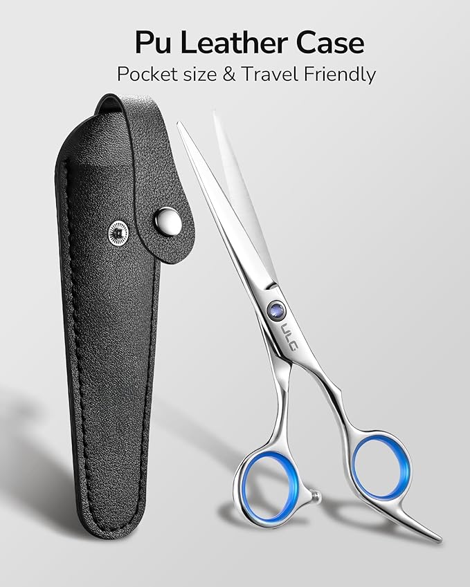 Hair Cutting Scissors, ULG Professional Hair Scissors 6.5” Right-Hand Razor Edge Barber Shears with Leather Case Salon Hair Cutting Shears Made of Japanese Stainless Steel, Hand Sharpened Blue