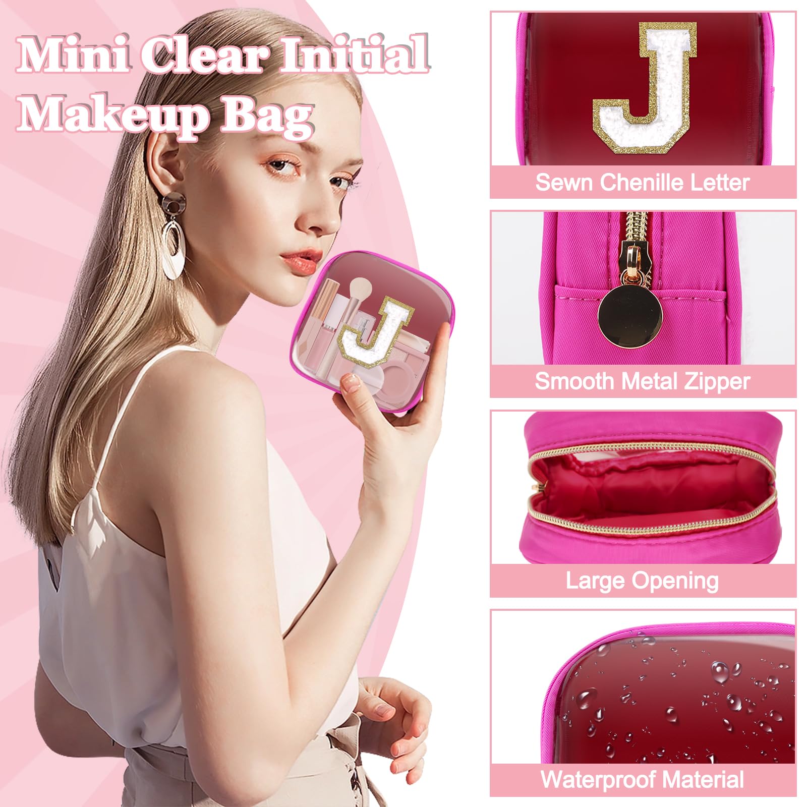 Mini Clear Personalized Initial Makeup Bag,Nylon Preppy A-Z Chenille Letter Patch Zipper Cosmetic Bag, Small Cute Beach Pouch Travel Purse Sanitary Napkin Storage Bag for Women Girls(Hot Pink-White J)