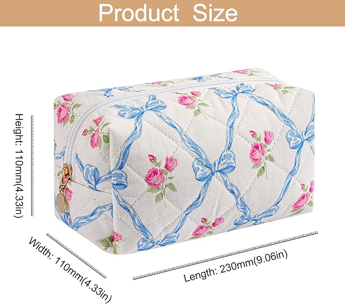 HHQQWZ Makeup Bag Travel Cosmetic Bag for Women Girls, Zipper Make Up Pouch, Floral Flowers Toiletry Organizer Makeup, Portable Storage Bag, Cosmetic Travel Cloth Bag (Pink Bowknot+Blue Bowknot)