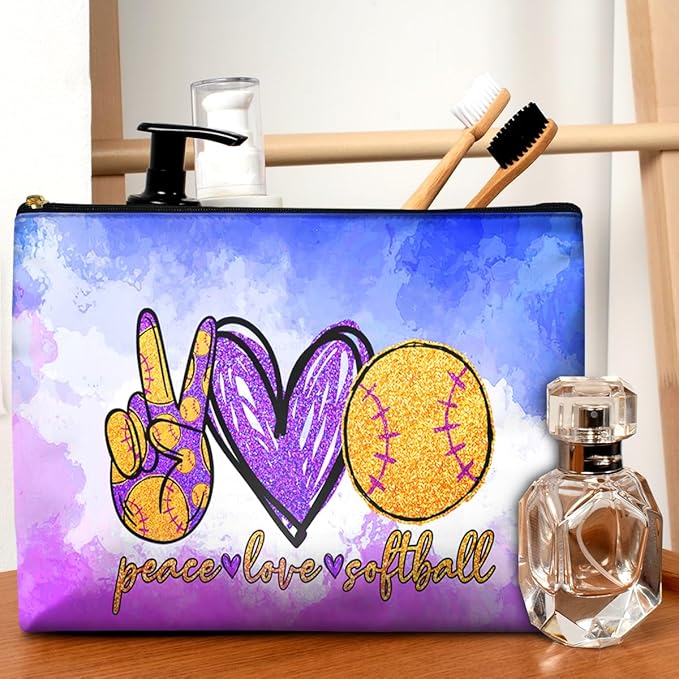 GEGEPINK Cute Makeup Bag for Purse Waterproof Cosmetic Bags for Women Funny Smooth Zipper Travel Toiletry Pouch 10X8 Inches-Peace Love Softball Makeup pouch