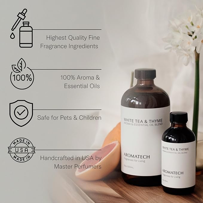 AromaTech White Tea and Thyme Aroma Essential Oil Blend: Luxury Hotel Inspired Aromatherapy with Tea Leaf, Fresh Thyme & Amber for Ultrasonic Diffusers (16 Fl Oz (Pack of 1))