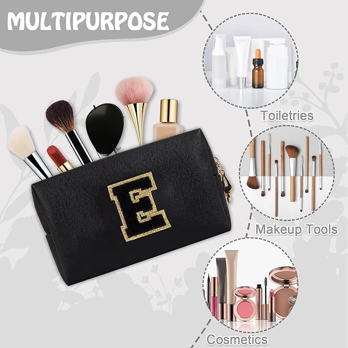 Personalized Chenille Letter Preppy Makeup Bag, Small Initial Black Travel Cosmetic Organizer Toiletry Pouch Monogram Makeup Storage, Waterproof Make Up Case Travel Essentials for Women Her(Letter E)