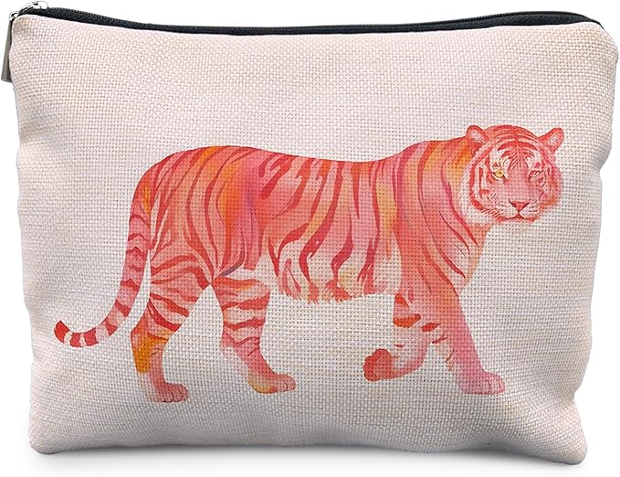 Likjad Preppy Tiger Makeup Bag, Trendy Pink and Orange Tiger Cosmetic Bags for Women, Tigers Gifts Makeup Pouch, Animal Lovers Gift Zipper Pouch