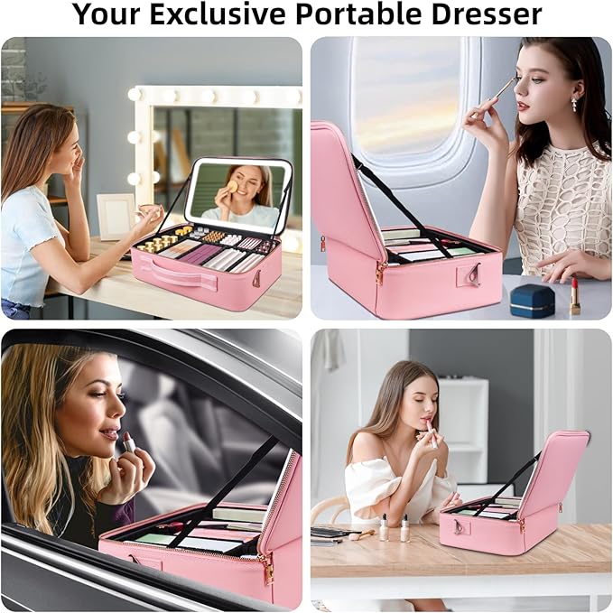 Suupvaor Upgraded Large Travel Makeup Bag with LED Mirror, 15” Makeup Case