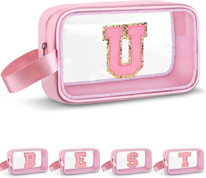 Vodolo Initial Makeup Bag,Letter U Cute Clear Monogrammed Cosmetic Travel Bag for Womens Girls,Personalized Pink Aesthetic Traveling Make Up Organizer Bag for Beach,Waterproof Toiletry Bag