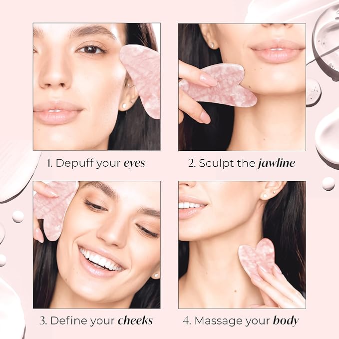 PLANTIFIQUE Rose Quartz Gua Sha Facial Tools - Anti-Aging Face Massager | Guasha Tool for Face Sculpting & Lymphatic Drainage, Jawline Shaper - Skincare Gift - Reduces Puffiness & Relieves Tension