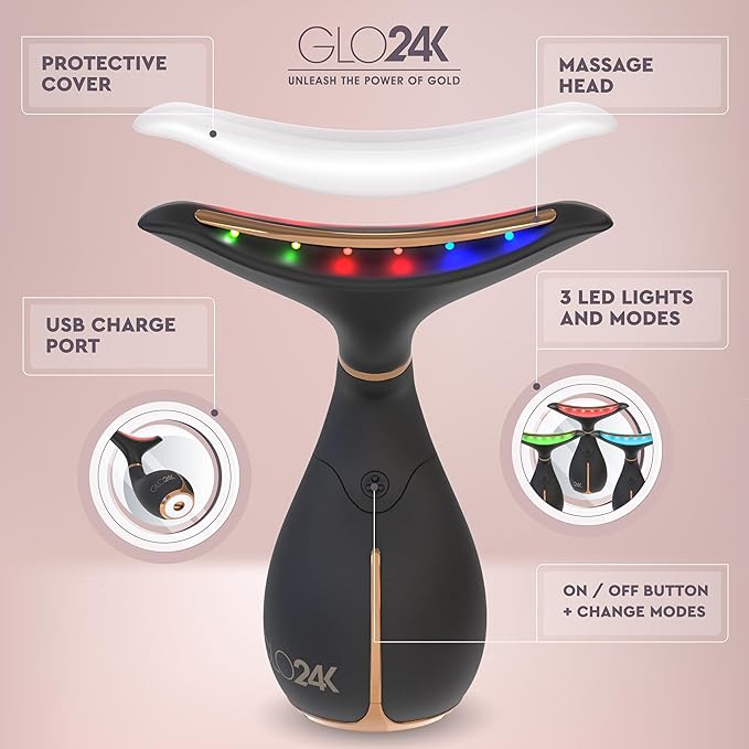 GLO24K LED Facial Massager for Face & Neck – Beauty Wand with LED Light, Vibration & Warm Massage – Cosmetic Skincare Tool