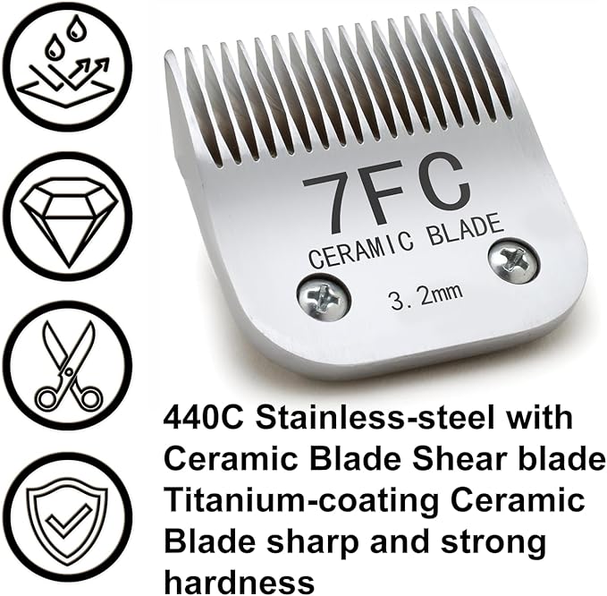 Docal 7FC Silver Detachable Clipper Ceramic Blades, Dog Grooming Clipper Replacement Blades Compatible with Dog Clippers, KM Series Clippers, Most A5, Size-7FC, 1/8-Inch Cut Length (3.2mm)
