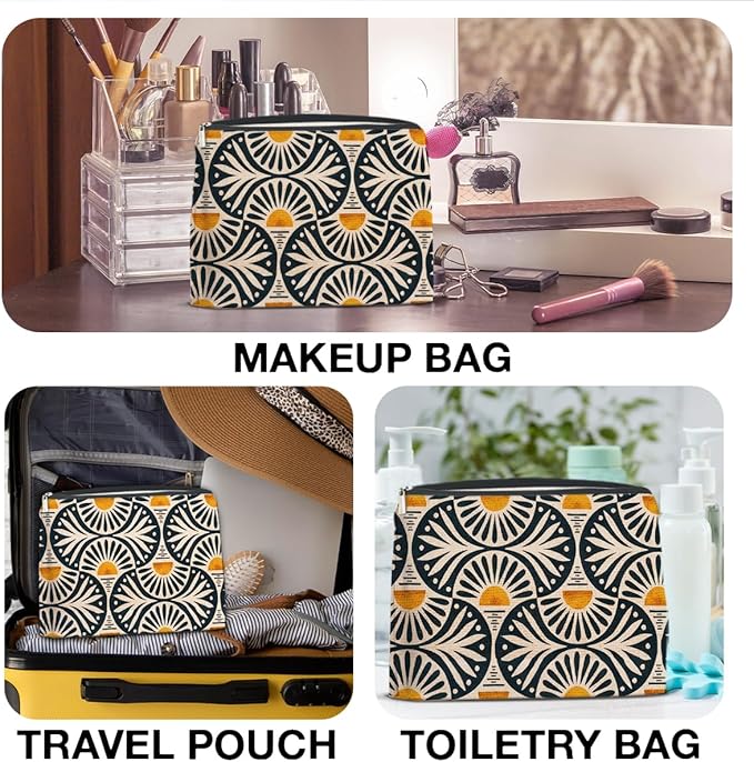 jyunsoeng Boho Cosmetic Bag Sunset Leaf Aesthetic Zipper Makeup Pouch Small Makeup Bag (1Pcs)