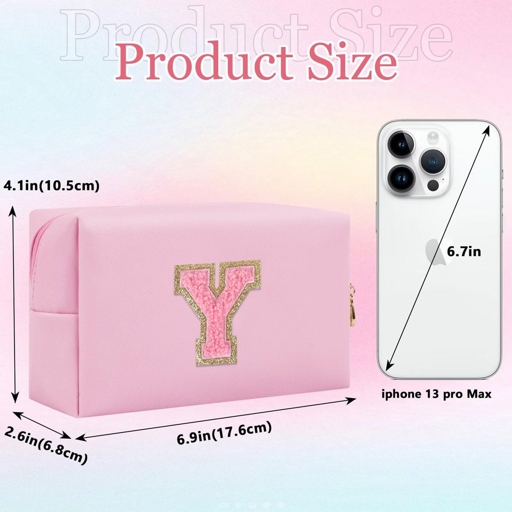 HENGNI Small Personalized Glitter Initial Letter Makeup Bag, Cute PU Leather Chenille Letters Cosmetic Bag Travel Makeup Pouch, Preppy Travel Organizer Zipper Pouch for Women&Girls（PinkPink-Y）