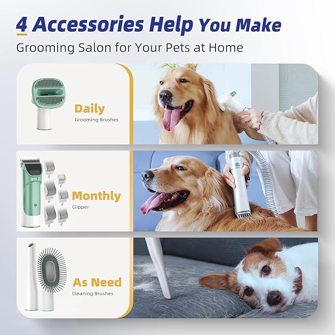 Buenkee Dog Grooming Vacuum Kit, 15000Pa Clipper, Shedding Brush, 2L, Green