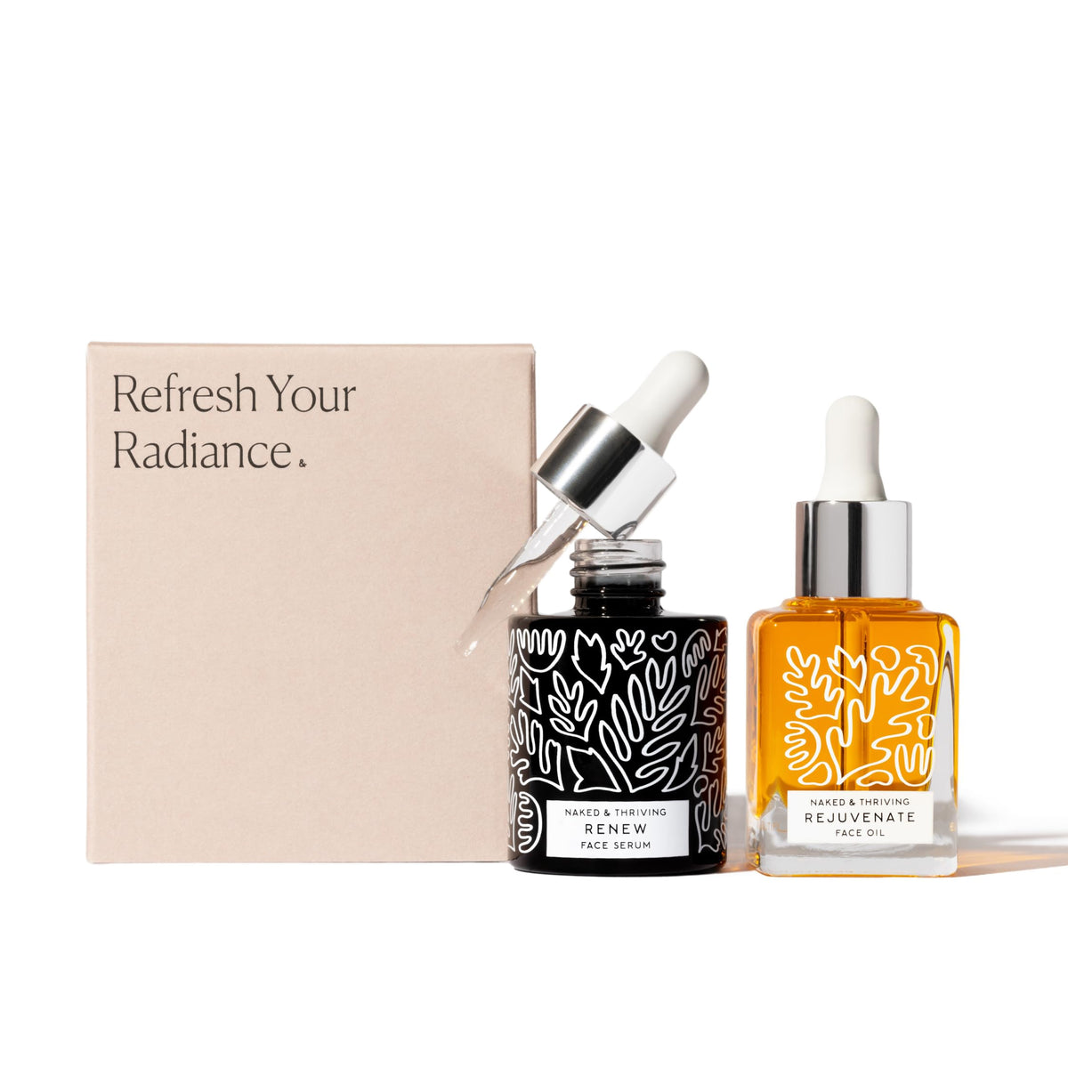 Naked & Thriving The Night Set | Renew Resurfacing Night Serum (30 mL) + Rejuvenate Restorative Face Oil (35 mL) with Hyaluronic Acid, Argan & Sea Buckthorn Oils and Fruit AHAs (Set of 2)