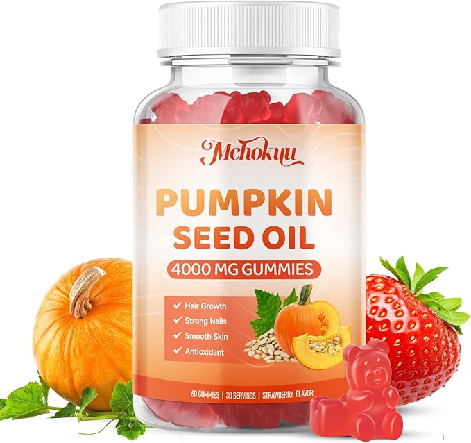 Mchokuu Pumpkin Seed Oil Supplement Gummies with Saw Palmetto for Hair Growth & Skin Health Support, High Pure Extract for Women & Men Extra Strength Pumpkin Seed, Strawberry Flavor, 120 Count