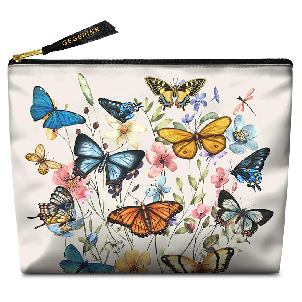 GEGEPINK Cute Makeup Bag for Purse Waterproof Cosmetic Bags for Women Funny Smooth Zipper Travel Toiletry Pouch 10X8 Inches-Butterfly Wildflower Makeup pouch
