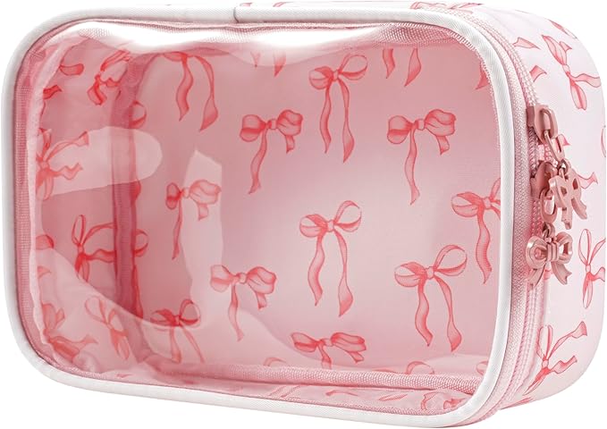 RSRSLEII Cute Clear Makeup Bag with Bow Patten,Transparent Nylon Travel Cosmetic Case with Zipper,Portable Makeup Organizer Pouch for Essentials(05Pinkbow-white)