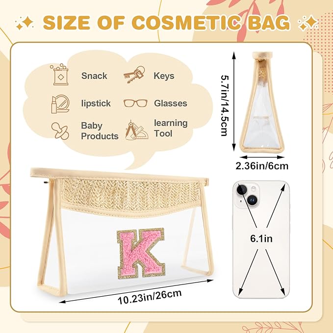 Small Boho Straw Initial Letter Makeup Bag Personalized Gift,Cute Clear Chenille Patch Makeup Bag With Zipper,Trendy TSA Approved Travel Toiletry Bag,Gift for Women Girls Birthday Friend, Letter K