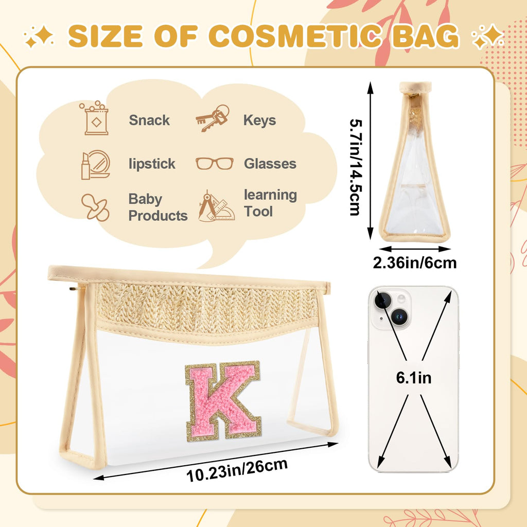 Small Boho Straw Initial Letter Makeup Bag Personalized Gift,Cute Clear Chenille Patch Makeup Bag With Zipper,Trendy TSA Approved Travel Toiletry Bag,Gift for Women Girls Birthday Friend, Letter K