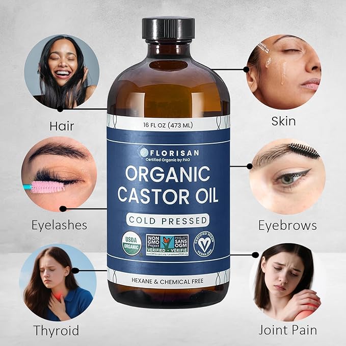 Florisan USDA Certified Organic Castor Oil 16oz Glass Bottle, Cold Pressed, Hexane-Free, Non-GMO, Vegan, 100% Pure Castor Oil for Hair Growth, Skin, Lashes, Eyebrows, EWG Verified