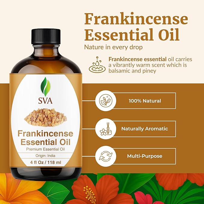 SVA Frankincense Essential Oil – 4 Fl Oz – for Diffuser, Skin & Hair Care – Ideal for Massage & DIY Blends – with Dropper