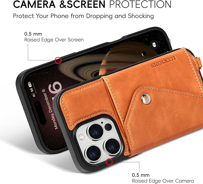 LUCKYCOIN Crossbody Phone Case for iPhone 16 Pro,100% Genuine Leather Phone Wallet Case for Women, Premium Hands-Free Phone Purse with Expandable Flip Card Holder & Adjustable Strap - Retro Brown