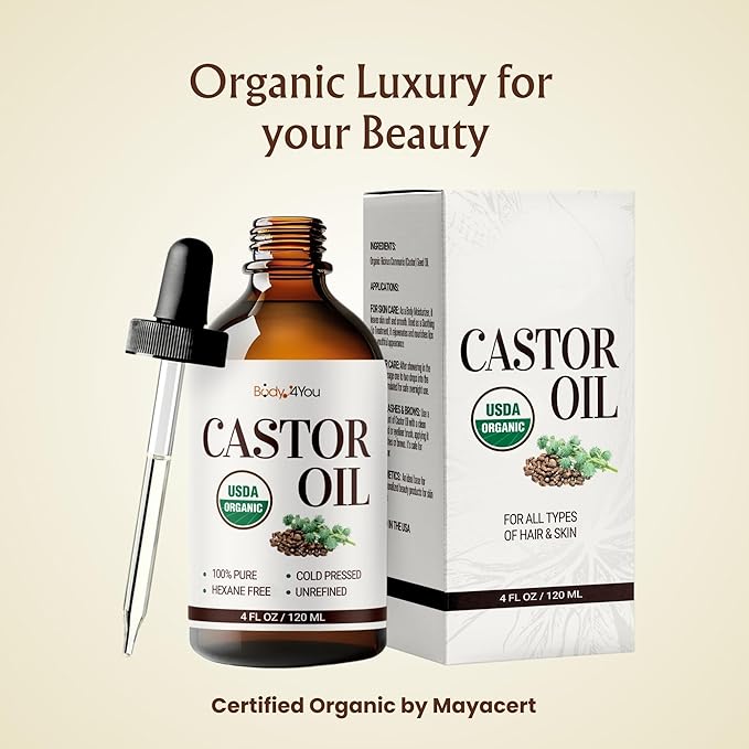 BodyJ4You Castor Oil for Eyelashes and Eyebrows - Hair Growth Oil Eyelash Brush Brow Serum Lash Oil - 100% Pure Castor Oil Organic Cold Pressed Unrefined Glass Bottle Hexane Free 4 Fl Oz