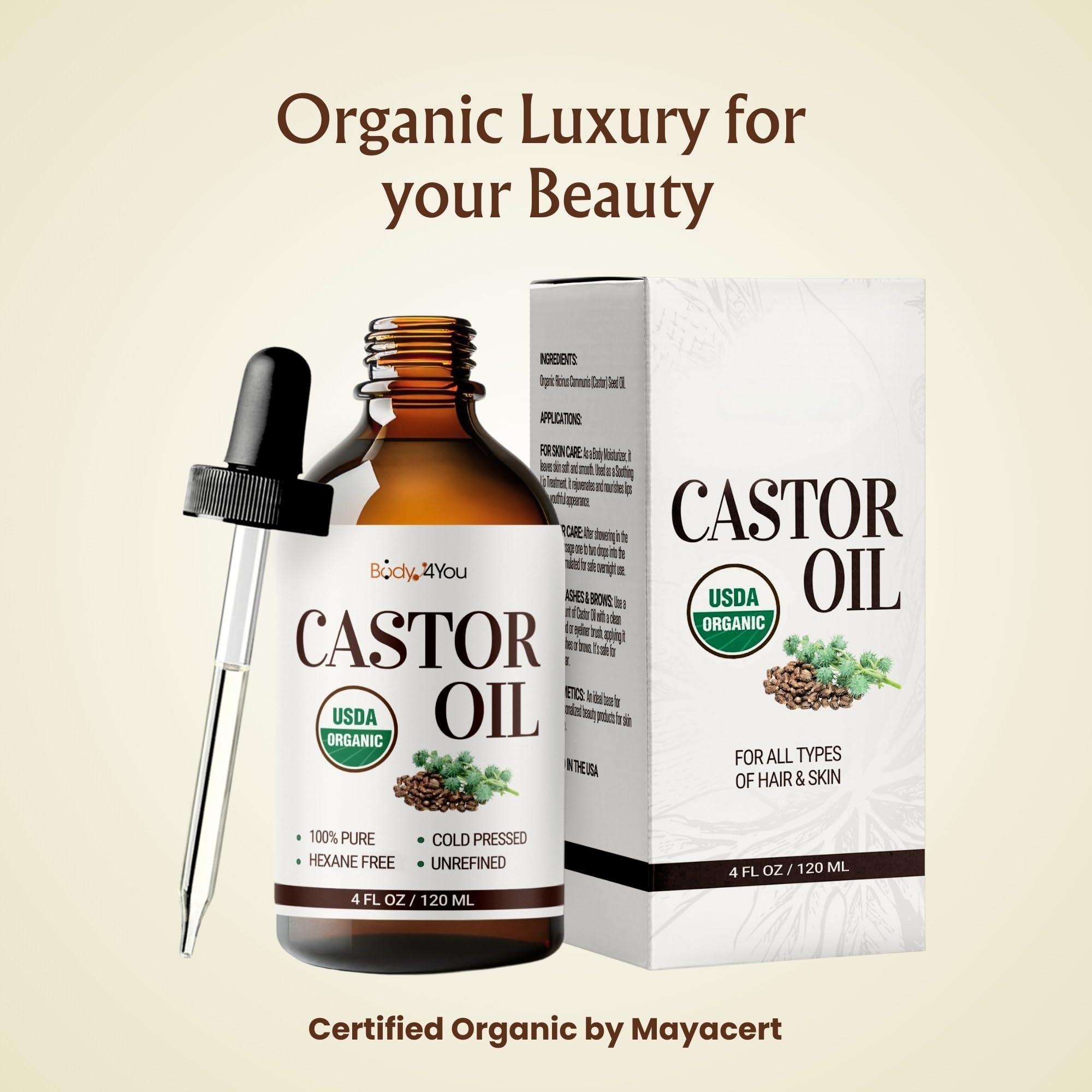 BodyJ4You Castor Oil for Eyelashes and Eyebrows - Hair Growth Oil Eyelash Brush Brow Serum Lash Oil - 100% Pure Castor Oil Organic Cold Pressed Unrefined Glass Bottle Hexane Free 4 Fl Oz