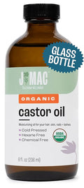 J MAC BOTANICALS Organic Castor Oil Cold Pressed in Amber Glass Bottle (8 oz) USDA Certified, Hexane Free - Moisturizing Oil for Hair, Skin, Face, Eyelashes, Brows, Nails, and Castor Wraps