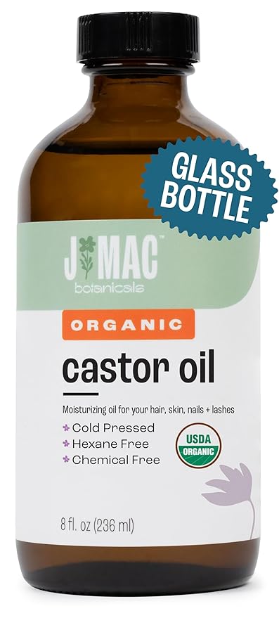 J MAC BOTANICALS Organic Castor Oil Cold Pressed in Amber Glass Bottle (8 oz) USDA Certified, Hexane Free - Moisturizing Oil for Hair, Skin, Face, Eyelashes, Brows, Nails, and Castor Wraps