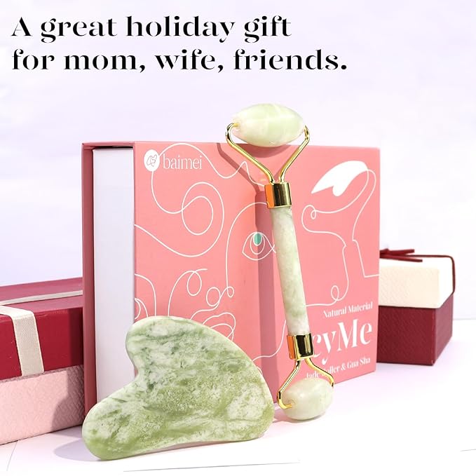 BAIMEI IcyMe Jade Roller & Gua Sha Facial Tool Set for Face Depuffing